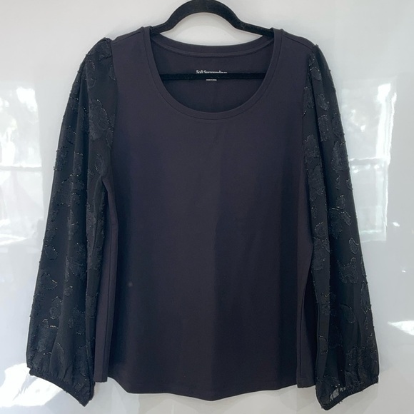 Soft Surroundings Tops - Soft Surroundings Black Solid Shirt With Lace Puff Sleeve Style 2FZ37 Sz Large
